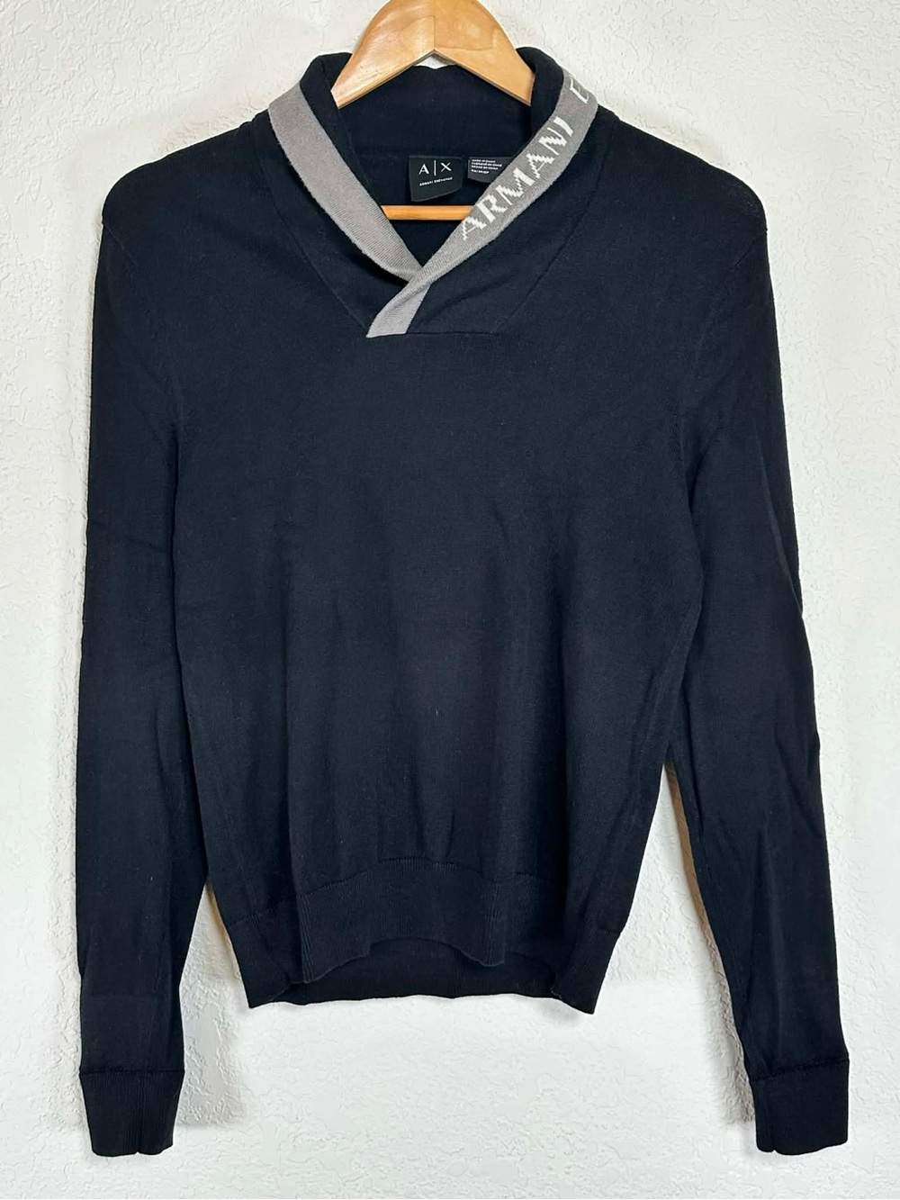 Armani Exchange Black Shawl Collar Sweater with Gray Contrast Collar